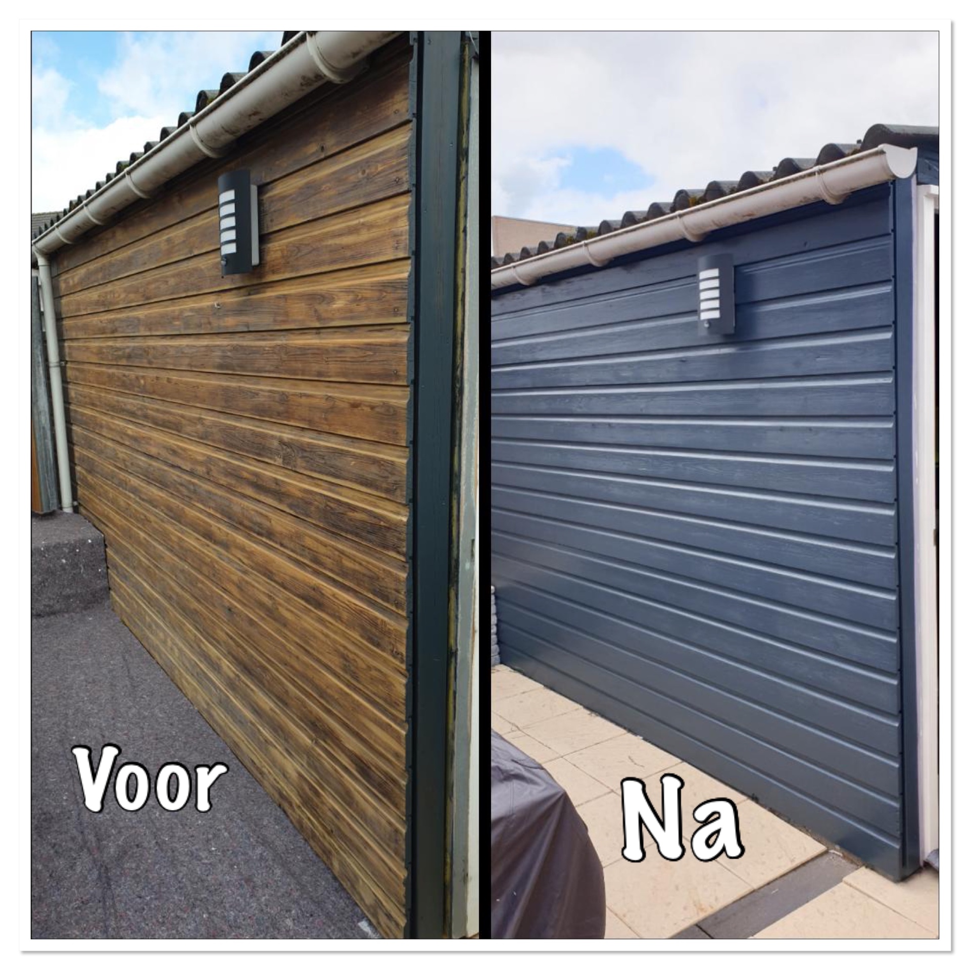 Voor en na van opgeknapt en donker afgewerkt buitenhoutwerk
