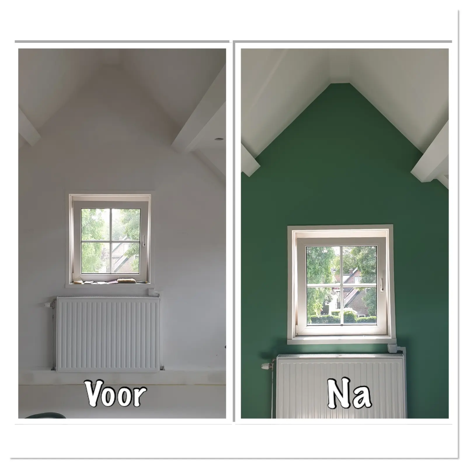 Voor en na van schilderwerk in een complete woning in Amsterdam, uitgevoerd in RAL 9010 met een groene accentmuur