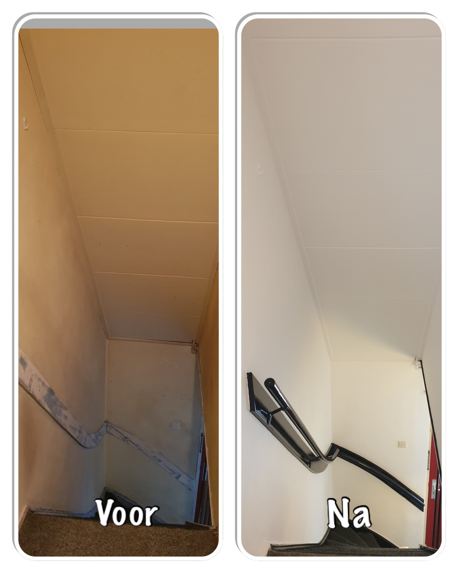 Voor en na van schilderwerk in een trapkast
