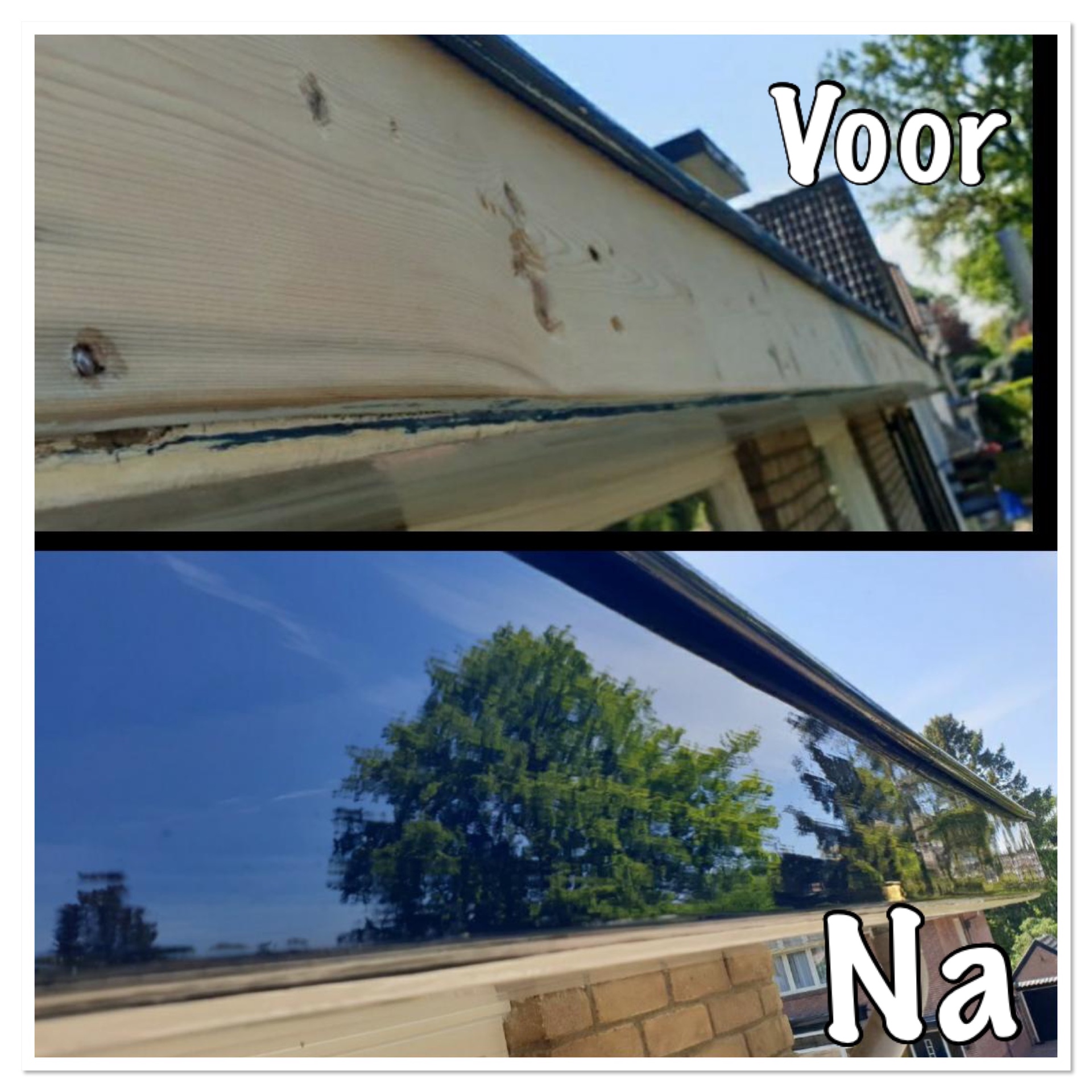 Voor en na van een opnieuw geschilderde daklijst