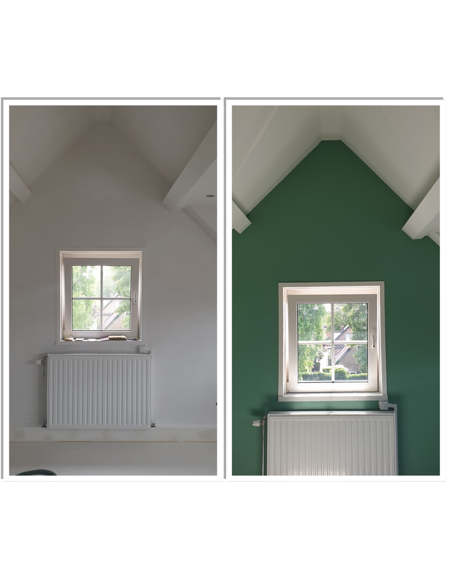 Voor en na van een binnenwand met groene kleurafwerking